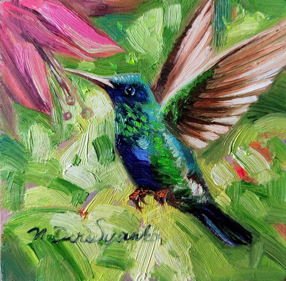 Small artwork Hummingbird art painting original 4x4, Chartreuse art bird Nature lover gift, Teacher appreciation gift