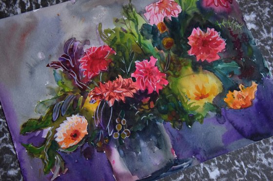 Watercolor painting Autumn flowers bouquet