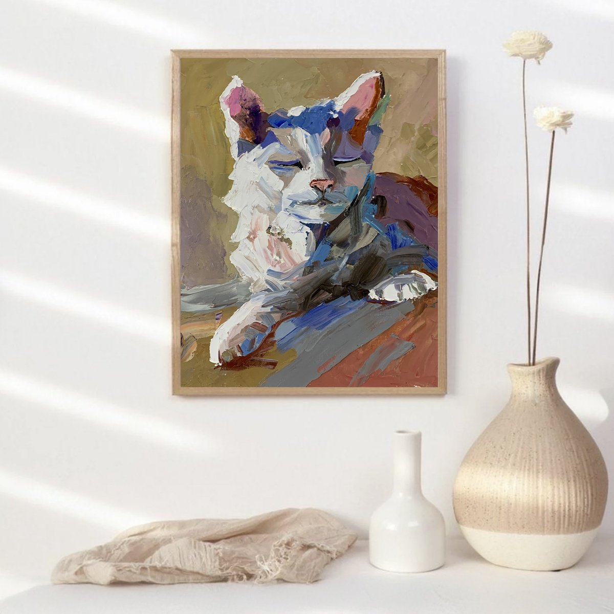 Impressionistic Animal Oil Painting By Vita Schagen, 9 X 12", Sleeping White Cat Portrait., Original Artwork