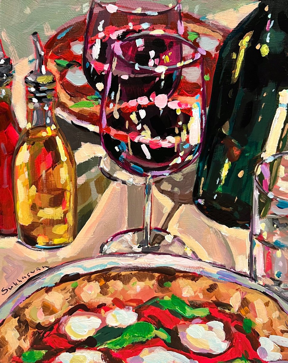 Still Life with Red Wine and Pizza by Victoria Sukhasyan