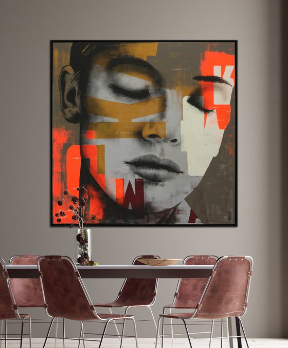 Close Your Eyes XL - Acrylic Portrait  - Incl Frame - 125x125cm - Ronald Hunter - 26o