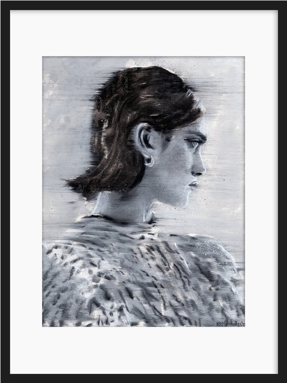 Emilia | Black and white shoulder woman oil painting on paper | beautiful powerful lady wearing nightwear
