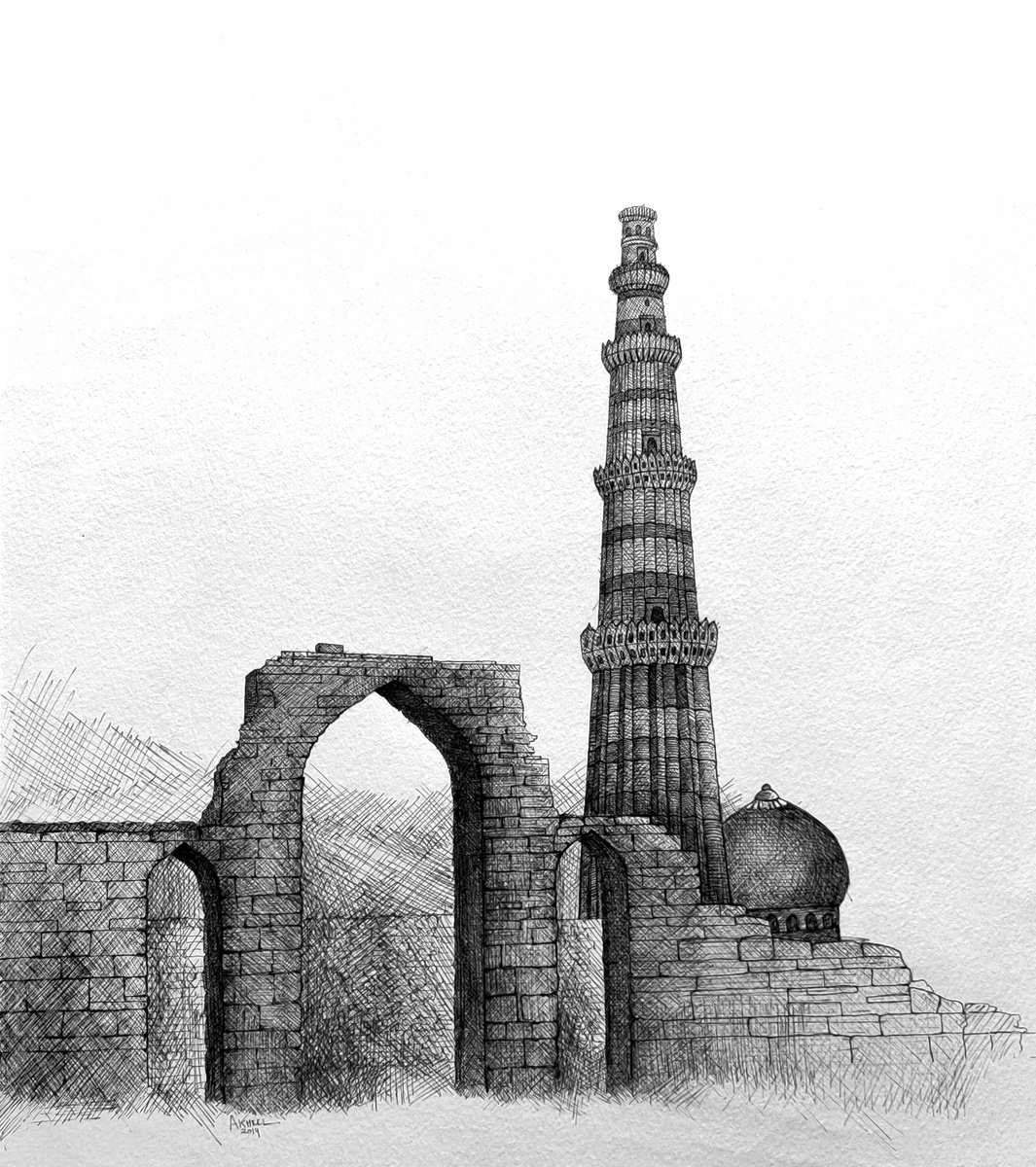 QUTUB MINAR 2014 Ink drawing by Syed Akheel Artfinder