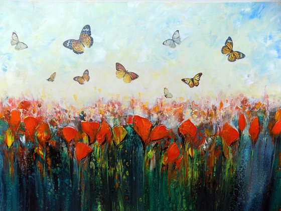 Welcome spring - Large abstract red flowers with butterflies, original artwork, abstract landscape