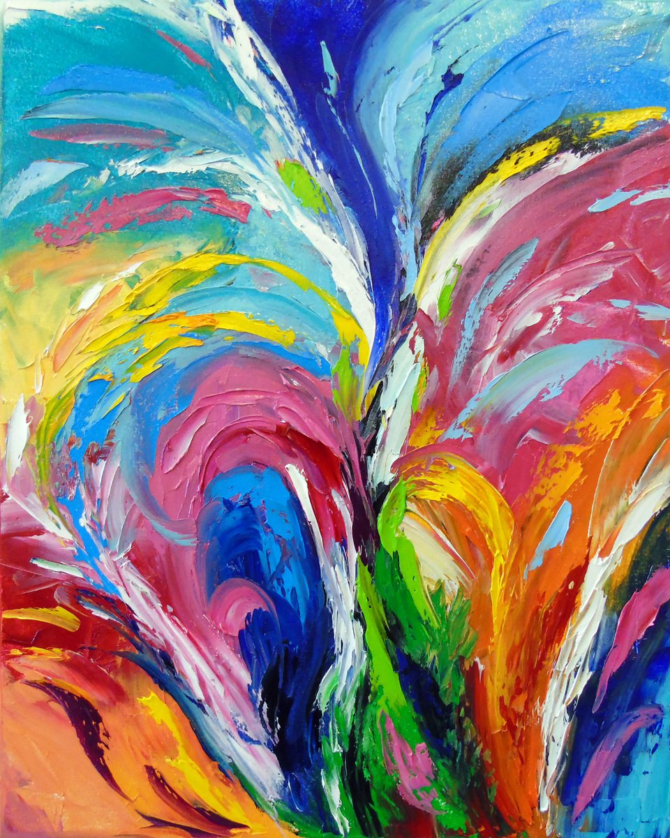 Abstract Oil Painting By Olha Darchuk, 16 X 20", Rainbow Fountain, Original Artwork