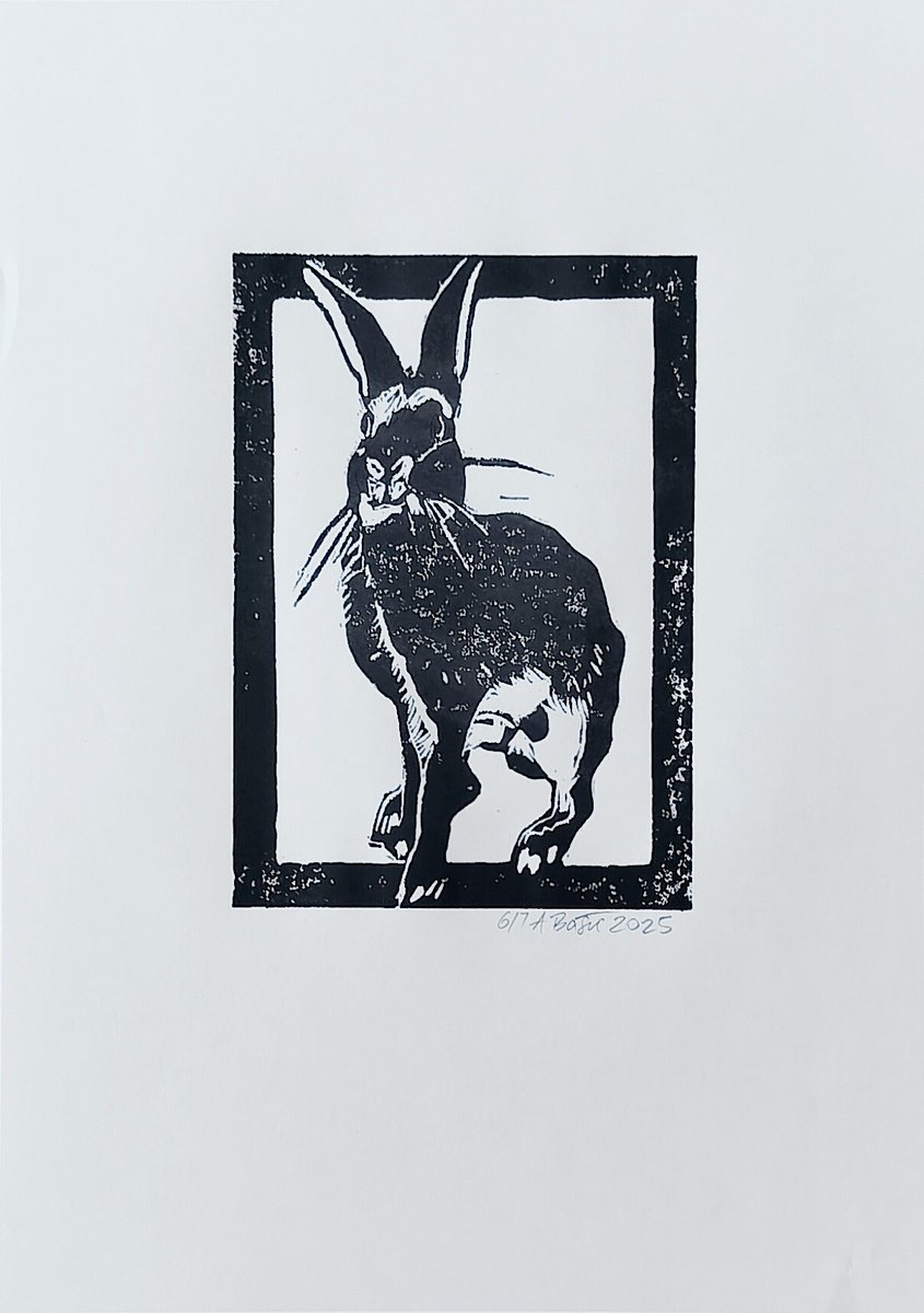 Expressive Animal Linocut By Aleksandar Basic, 12 X 17, Rabbit 6/7, Original Artwork