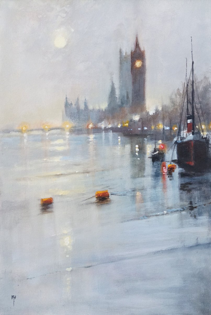 Impressionistic Cityscapes Acrylic Painting By Alan Harris, 16 X 24, Westminster Twilight, London, Original Artwork