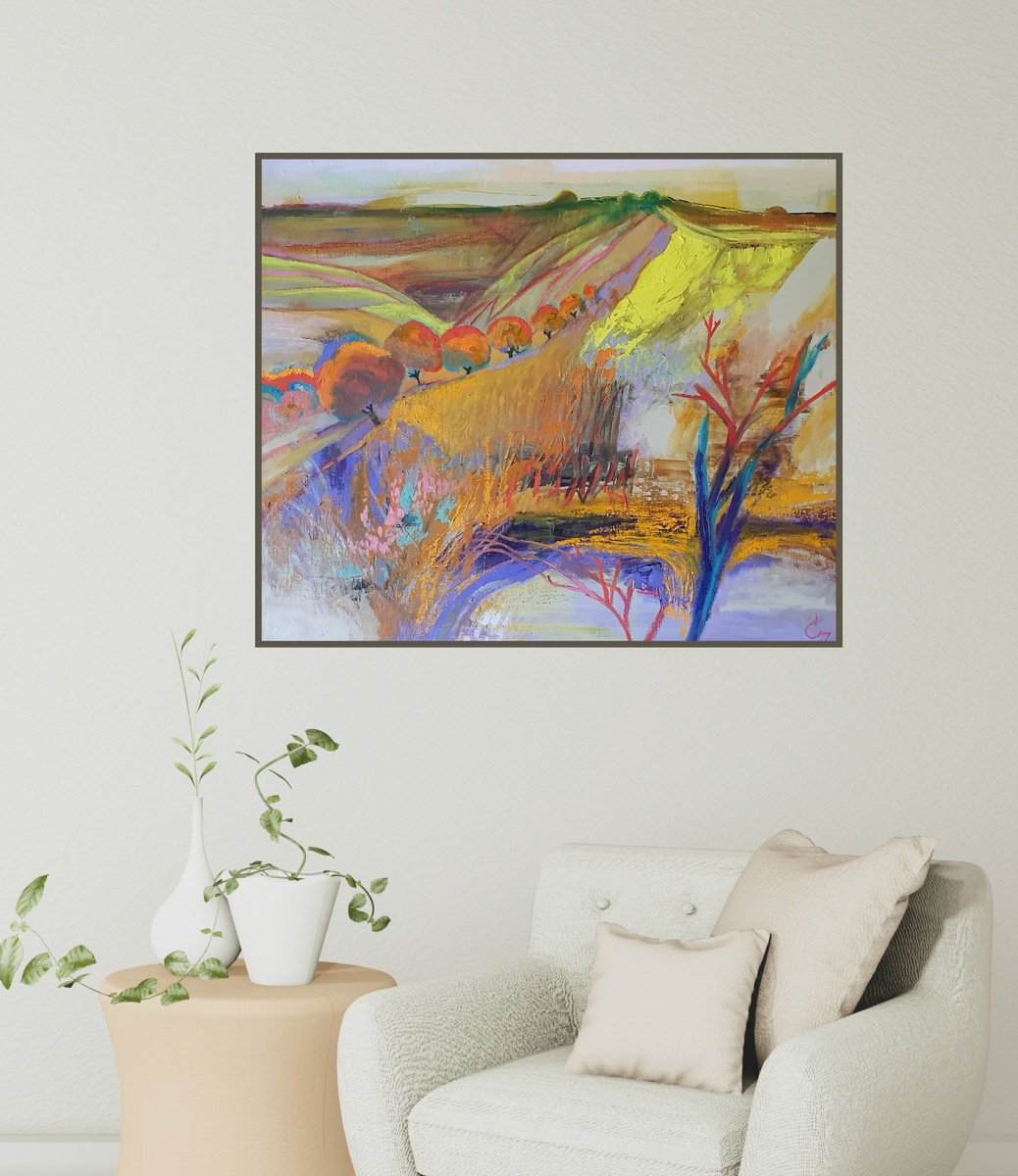 Impressionistic Landscape Oil Painting By Victoria Cozmolici, 28 X 24", Autumn Landscape, Original Artwork