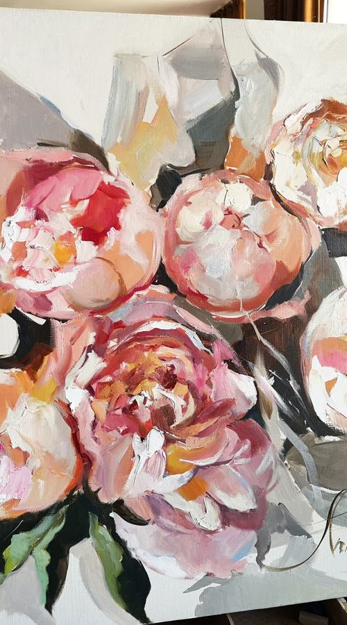 Perl flowers - Peonies Original Art by Annet Loginova