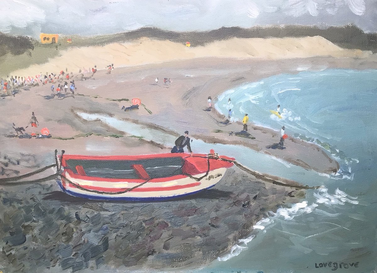 Impressionistic Landscape Oil Painting By Julian Lovegrove Art, 14 X 10", Red Boat On The Beach, Original Artwork