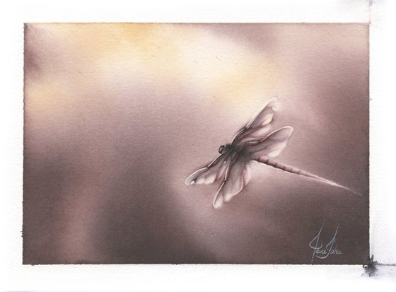 Glimpse IX - Sunset Dragonfly Watercolor Painting