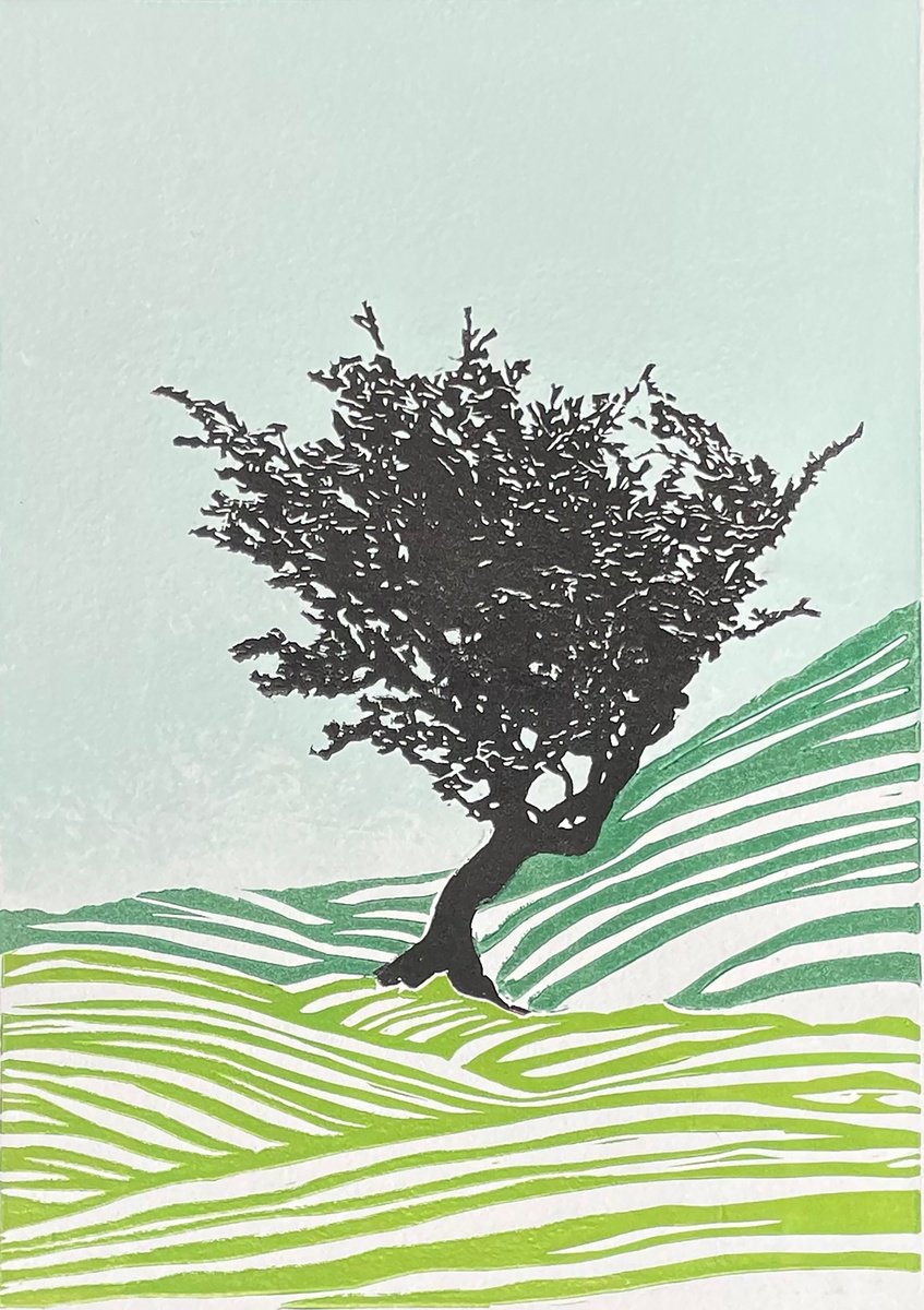 Windswept - Lone Tree Linocut by C Staunton