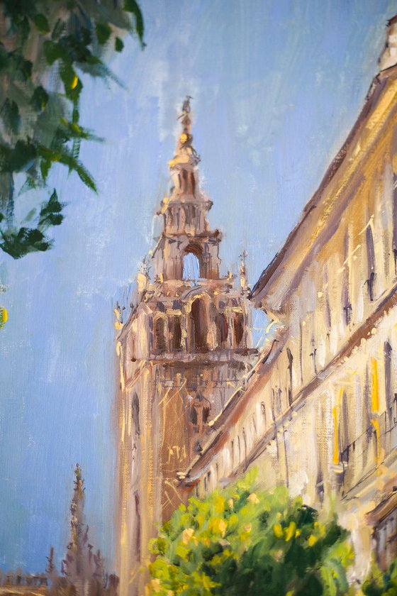 Sevilla. VIEW OF GIRALDA IN SUNNY DAY. ORIGINAL oil painting. contrast BRIGHT CITY URBAN LANDSCAPE VIEW SUN LIGHT