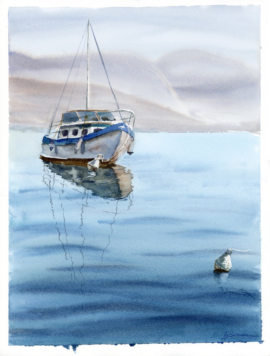 Impressionistic Watercolour , Yacht On The Sea #1 By Olga Tchefranov (Shefranov), 12 X 16, Artwork For Sale On Artfinder