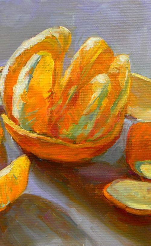 Orange (from the series "Citrus fruits on a blue background") by Liudmyla Chemodanova
