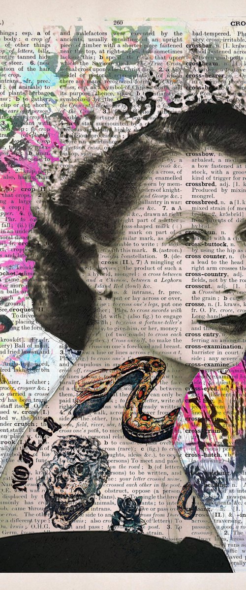 The Queen Elizabeth II Snake Tattoo - Collage Art on Large Real English Dictionary Vintage Book Page by Jakub DK - JAKUB D KRZEWNIAK