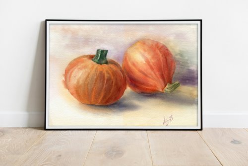 Still life with two pumpkins on a light background by SVITLANA LAGUTINA
