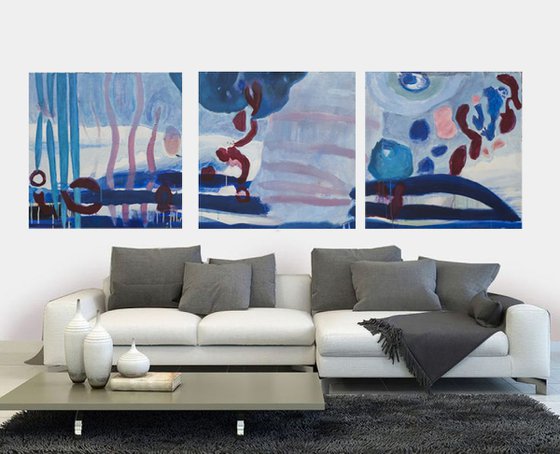 Il mare profondo - triptych, 80 H x 240 W x 4 D cm | 31.5 H x 94.5 W x 1.5 D inch, Acrylic on canvas
