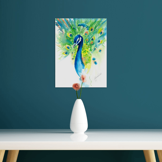 Peacock painting, bird watercolour, watercolor, exotic bird, peacock art, blue and green