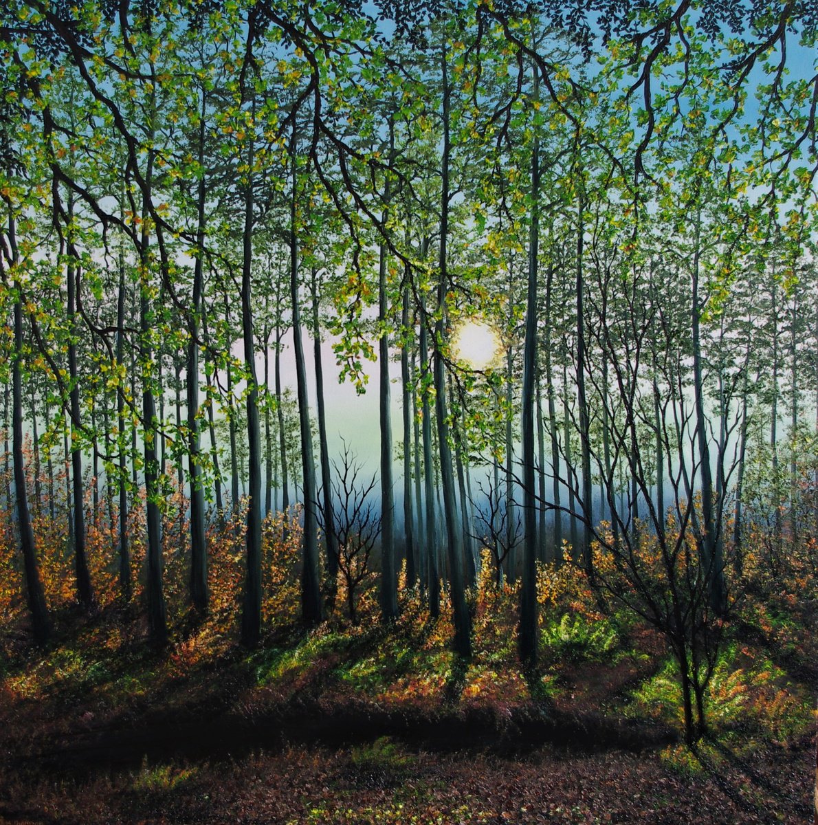 Impressionistic Landscape Oil Painting By Hazel Thomson, 39 X 39, Tranquil Evening In The Forest, Original Artwork