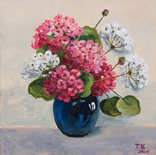 Geranium. Painting. Floral still life. 8 x 8in. by Tetiana Vysochynska