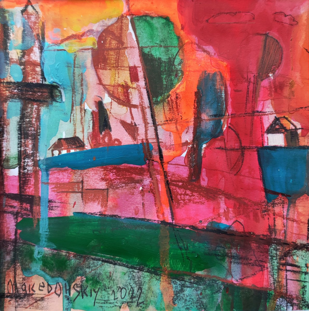 Impressionistic Landscape Watercolour By Pavlo Makedonskyi, 11 X 11", Composition, Original Artwork