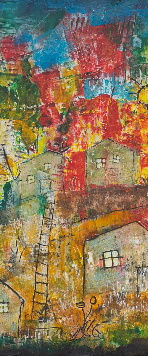 Village with two suns - art brut painting by Peter Zelei