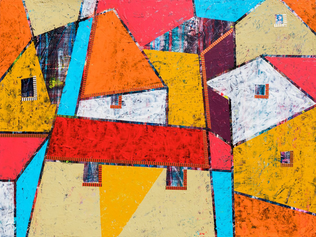 Geometric Cityscapes Acrylic Painting By Ariadna De Raadt, 30 X 22, Home And Silence 11, Original Artwork