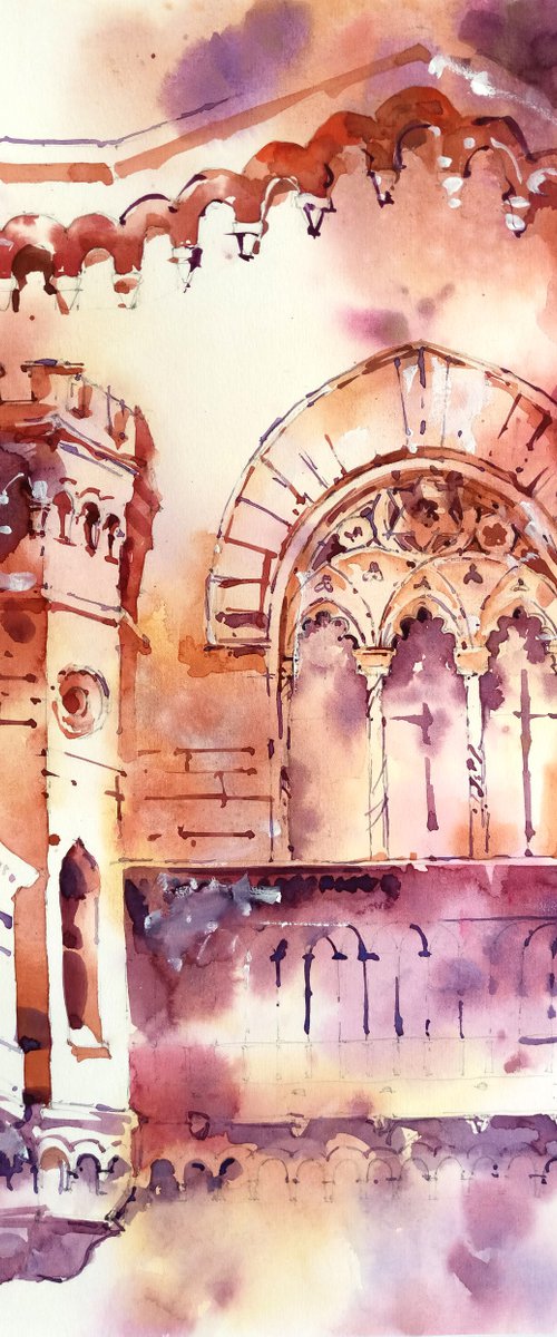 "Romantic architecture of Odessa" original watercolor painting in bright colors by Ksenia Selianko