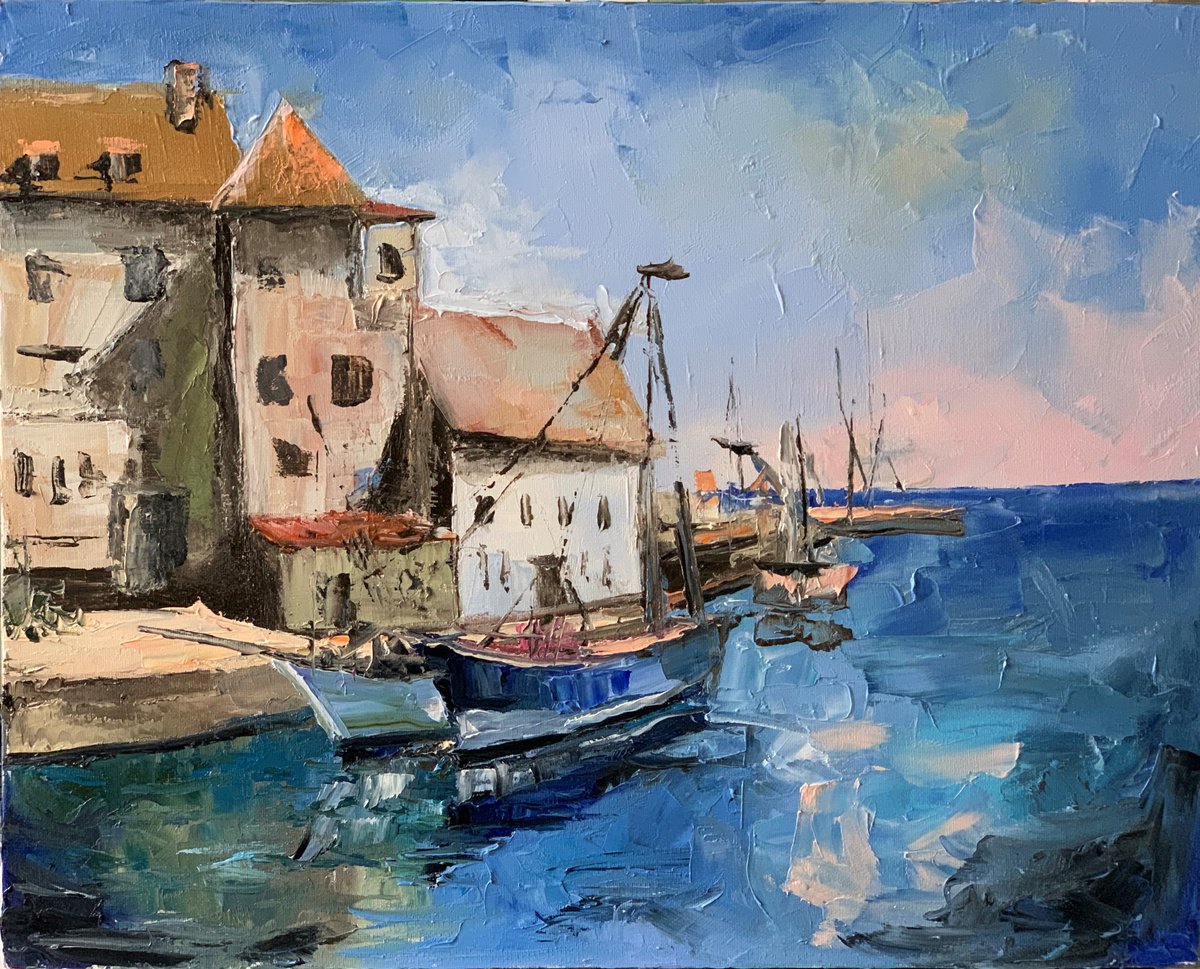 Harbour Seascape.Sail boats. Palette knife original oil painting. by Vita Schagen