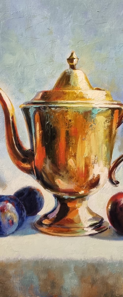 "Teapot and plums. "   still life  liGHt original painting  GIFT (2022) by Anna Bessonova (Kotelnik)