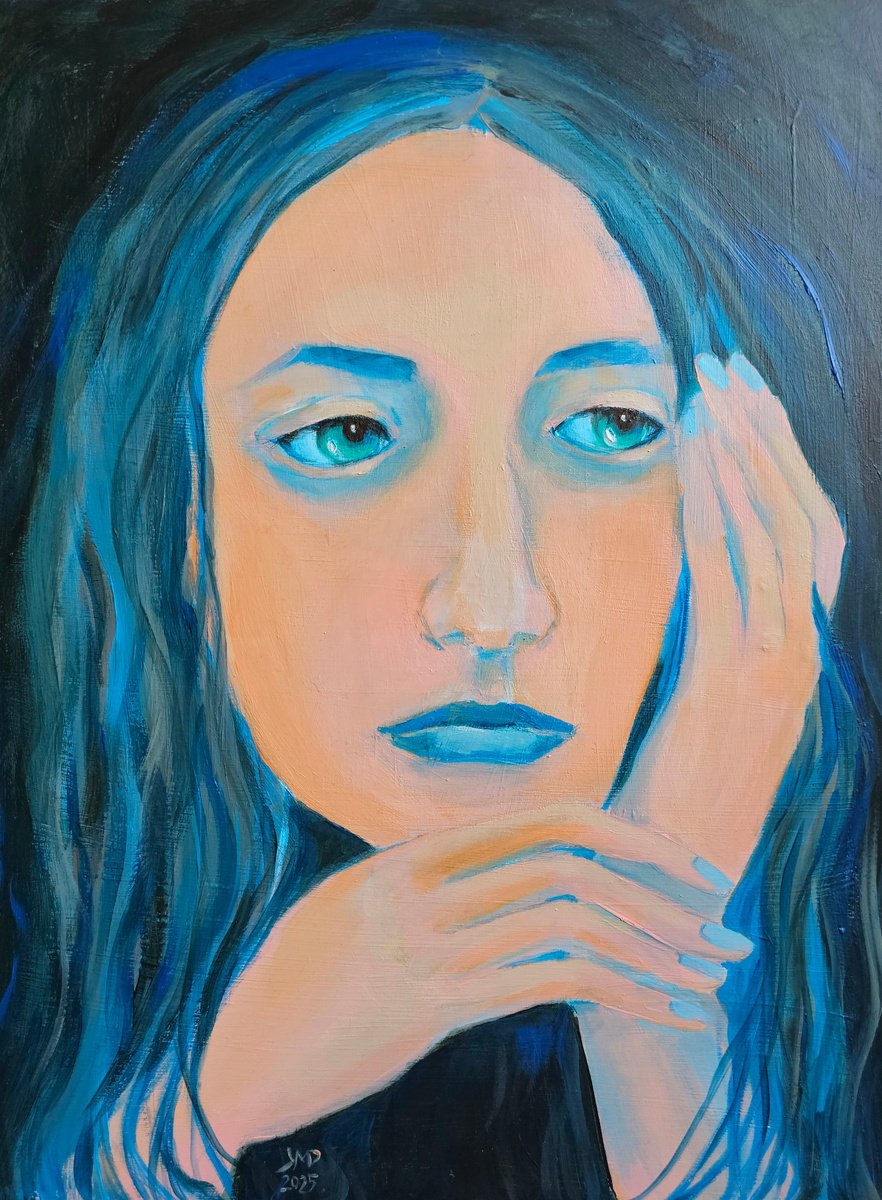 Surrealistic Portrait Acrylic Painting By Ksenia June, 12 X 16", Woman Portrait In Blue, Original Artwork