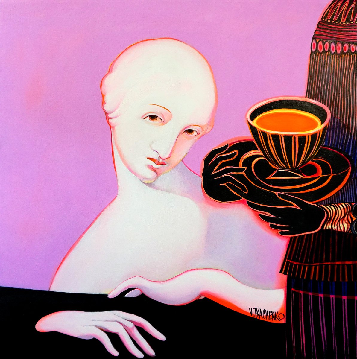 Organic Portrait Acrylic Painting By Victor Tkachenko, 24 X 24", Carrot Soup, Original Artwork