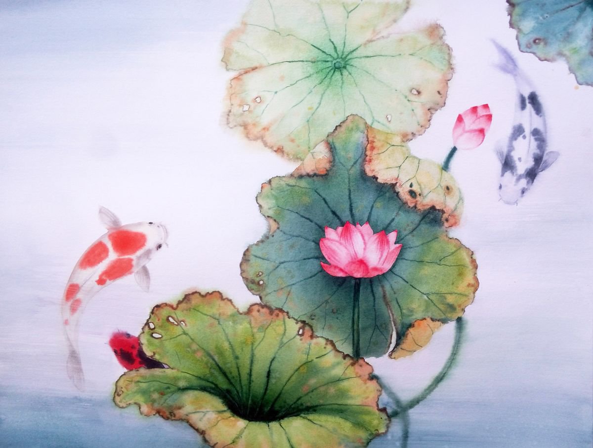 Koi Fish and Lotus Flowers #2 by Olga Beliaeva Watercolour