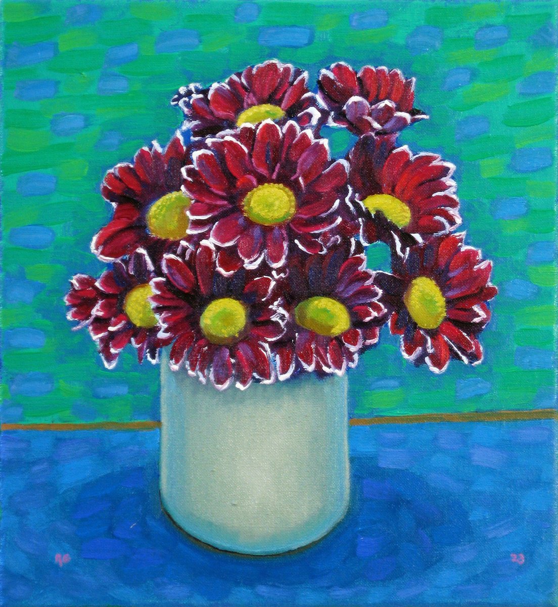 Botanical Oil Painting By Richard Gibson, 10 X 11", Red Chrysanthemums, Original Artwork