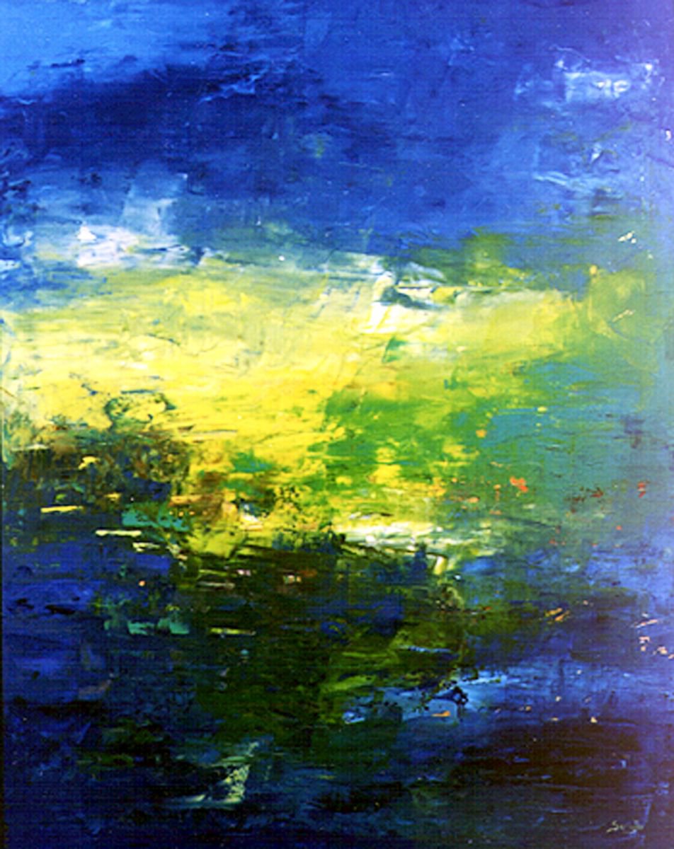 Abstract Landscape Oil Painting By Saroja Van Der Stegen, 30 X 38", Sunset At Sea (Ref#:418-30F), Original Artwork