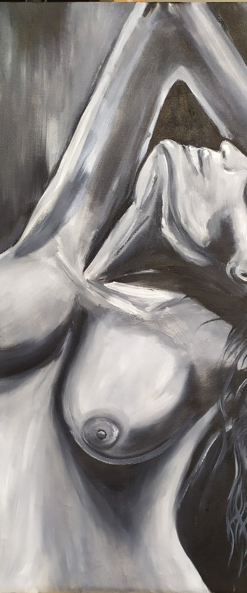 Desire, nude erotic black and white girl oil painting, art for home, Gift by Nataliia Plakhotnyk
