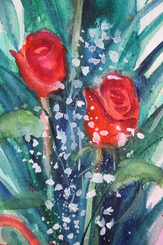 Flowers watercolor painting Roses wedding bouquet