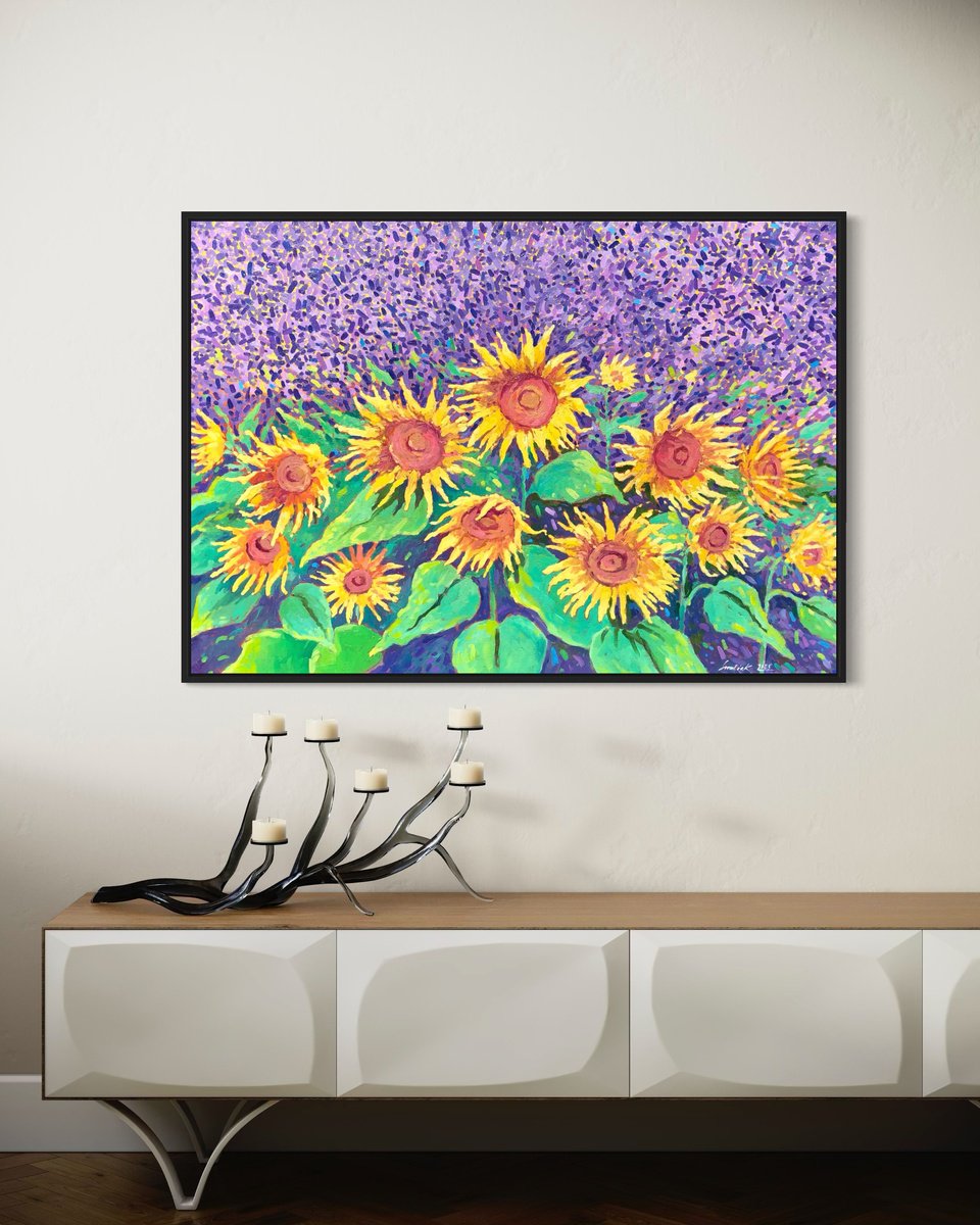 Original Oil Painting - Sunflower in Lavender Field by Volodymyr
