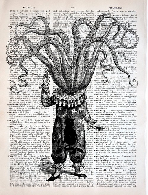 Octopus Astronomer - Collage Art Print on Large Real English Dictionary Vintage Book Page by Jakub DK - JAKUB D KRZEWNIAK