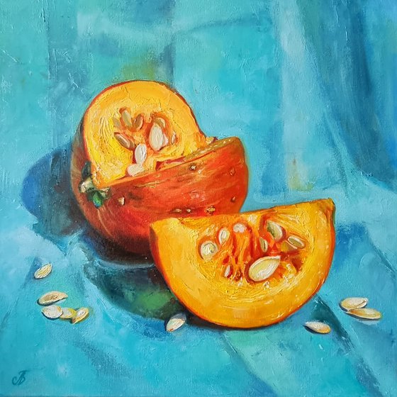 "Solar pumpkin. " still life  liGHt original painting PALETTE KNIFE  GIFT (2022)