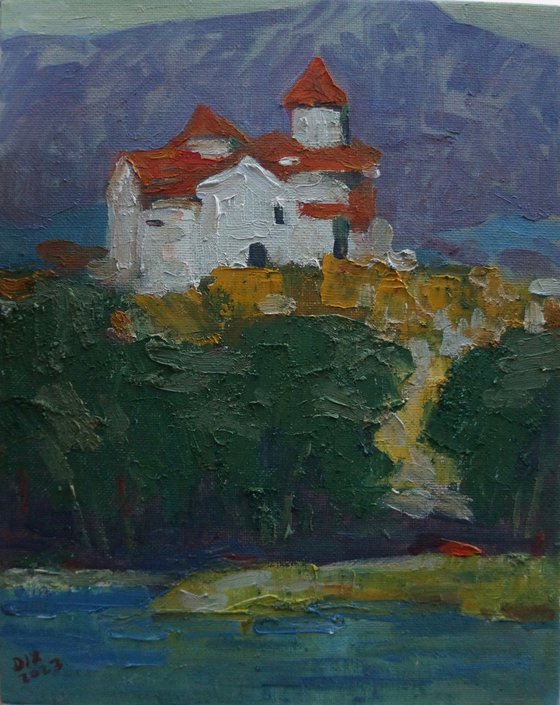 Original Oil Painting Wall Art Signed unframed Hand Made Jixiang Dong Canvas 25cm × 20cm Cityscape Castles on the Danube Small Impressionism Impasto