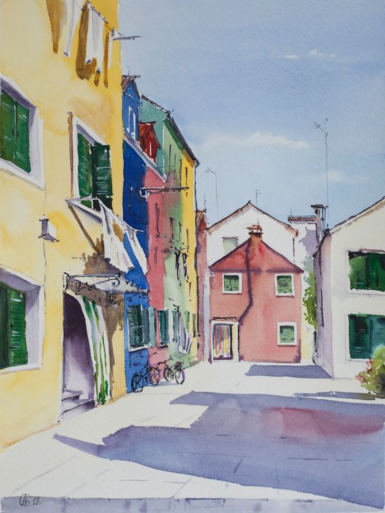 Burano island. Original watercolor. Small colorful venice italy light shadow warm urban landscape street scene bright impressionism realism travel romantic.