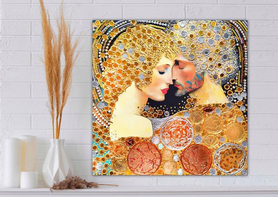 Love original painting. Golden decorative artwork with gold leaf. Gift for woman \ wife