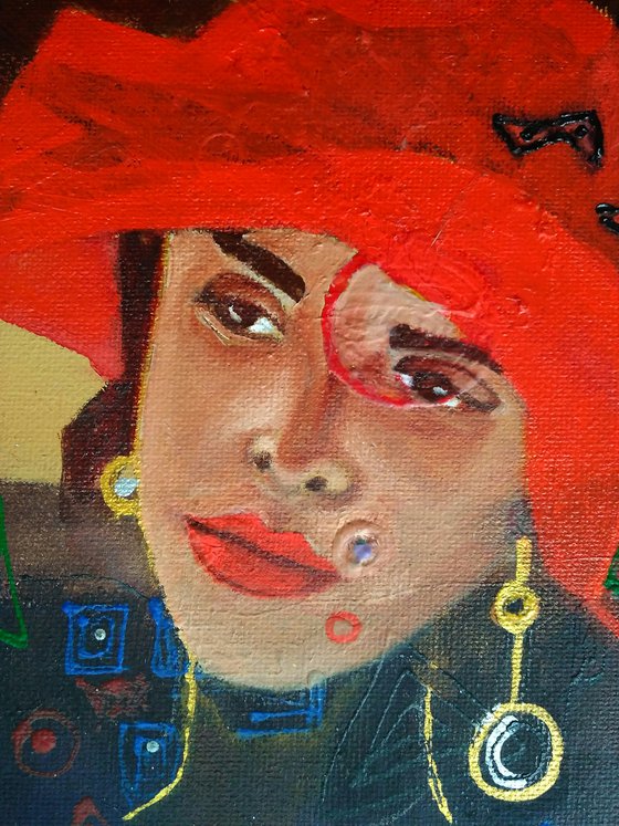 Mary, Woman Portrait Red Hat Painting Original Female Wall Art Modern Artwork