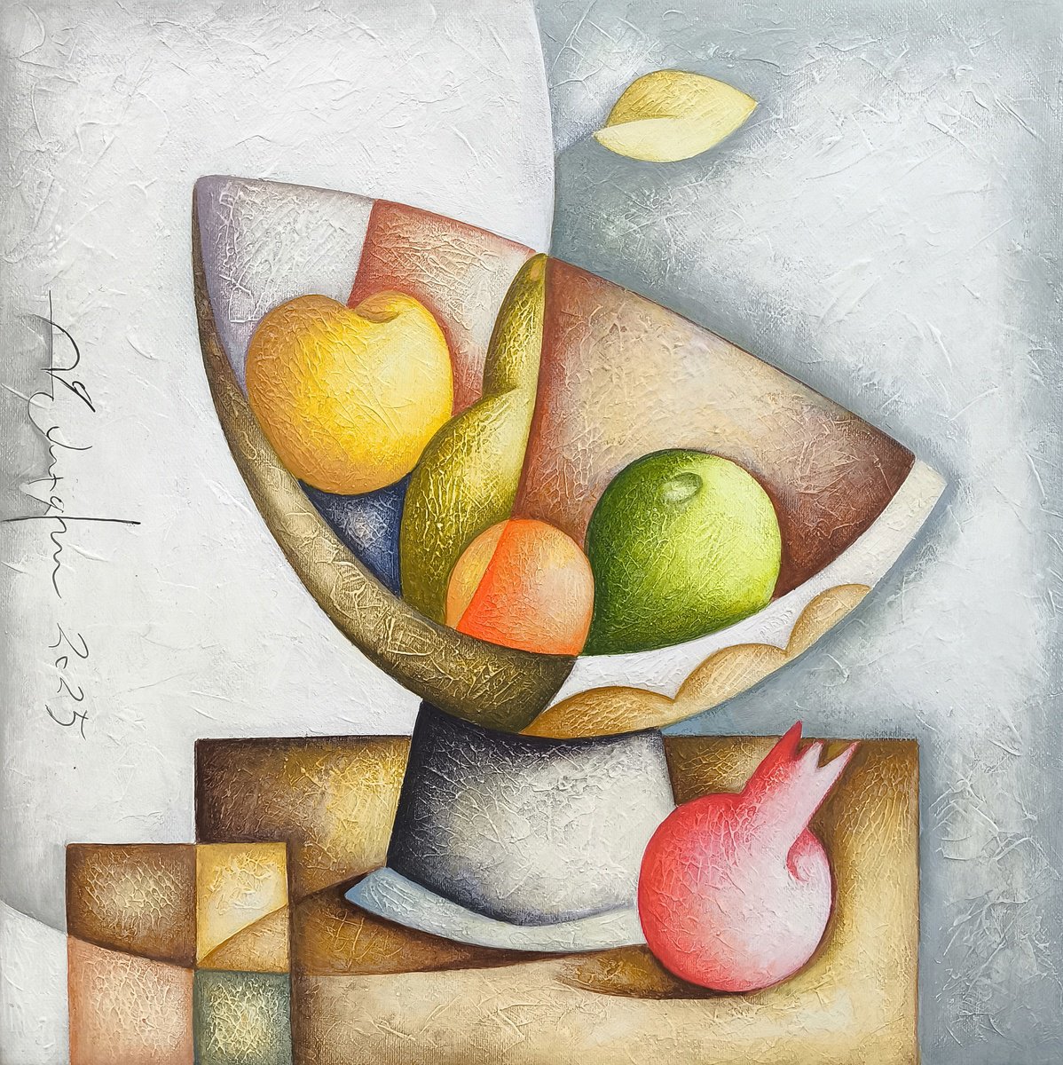 Geometric Still Life Acrylic Painting By Sargis Zakarian, 16 X 16", Cubist Orchard, Original Artwork