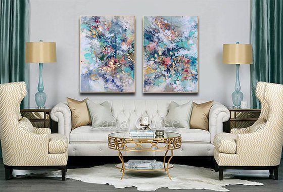 Flowers painting 48" x 36" Abstract Flower Art, Set of Two Paintings, Multi Panel Abstract, ORIGINAL Painting, Gold Leaf Painting, Black and Gold, Large Art
