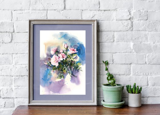 "Melody of a clear sky" bouquet of delicate light pink garden roses impressionism watercolor