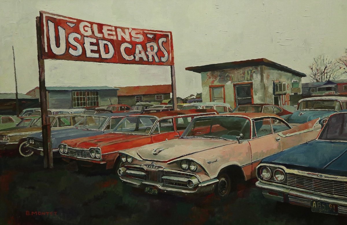 Urban And Pop Cityscapes Oil Painting By Benoit Montet, 38 X 26, Les Dinosaures , Original Artwork