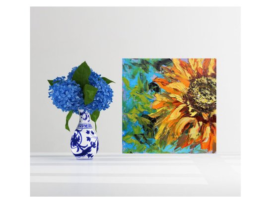 Sunflower,  Impasto oil painting. Palette knife, heavy textured art